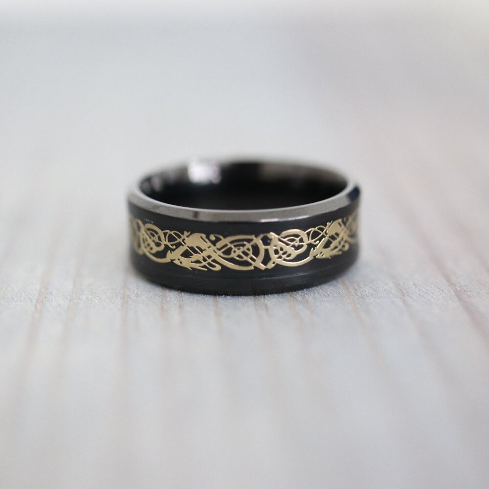 Mens Ring 8mm 2-Tone Black/Gold Fashion Ring Stainless Steel Wedding Band